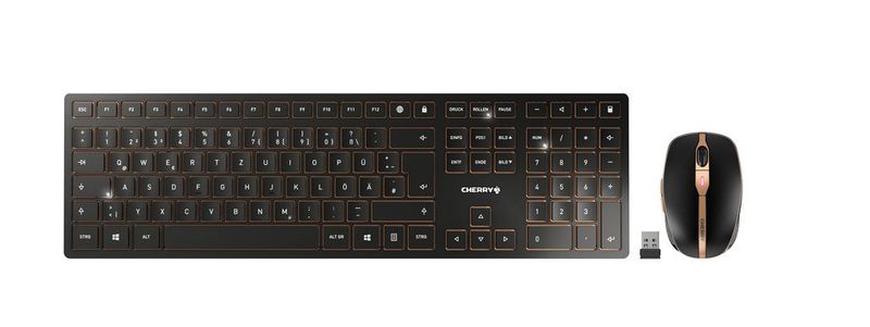 Das Keyboard und die Maus sind mit Lithium-Ionen-Akkus ausgestattet. Geladen wird via Micro-USB-Kabel. Der USB-Empfänger wird für Rechner ohne Bluetooth mitgeliefert.  (Cherry)