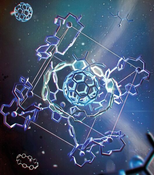 Die Abbildung zeigt die molekulare Matrjoschka zur Funktionalisierung des C60-Fullerens. Der mehrschalige Reaktor basiert auf drei ineinander verschachtelten molekularen Strukturen die Ähnlichkeit haben mit einem Fußball (Fulleren-Molekül, innen), einem Hula-Hoop-Reifen und einem Käfig.  (Dr. Johannes Richers; mit freundlicher Genehmigung von Jo Richers Studio https://jorichers.com)