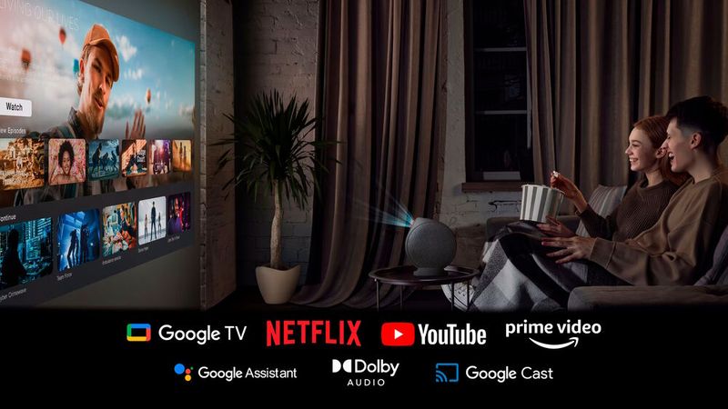 Google TV und WLAN ermöglichen einen direkten Zugriff auf Streaming-Dienste. Zudem unterstützt der mit einem Akku ausgestattete GV50P die drahtlose Wiedergabe via AirPlay und Google Cast. (Bild: Benq)