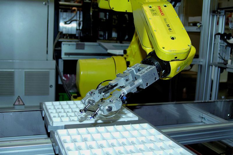 Bild 2: Das umspritzte Hörgeräteteil legt der Roboter in Blister ab. Bild: Fanuc Robotics (Archiv: Vogel Business Media)