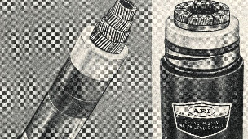 Bild 1:  Wassergekühltes Starkstromkabel für 6.000 Aeff Maximalbelastung bei 13,8 kV (links). Dieses wassergekühlte Kabel ist für eine maximale Belastung von 15.000 Aeff vorgesehen, bei Spannungen bis zu 25 kV.(Bild:  VCG)