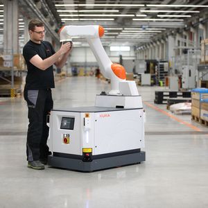 Mit dem KMR iisy gelingt in der Metallbearbeitung der automatische Werkzeugwechsel, wie Kuka sagt.(Bild:  Kuka)