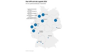 Logistik-Hotspots 2026. In Dortmund finden deutschlandweit mit sechs Veranstaltungen die meisten Logistikevents statt. (Bild: Eigene Darstellung mit Datawrapper)