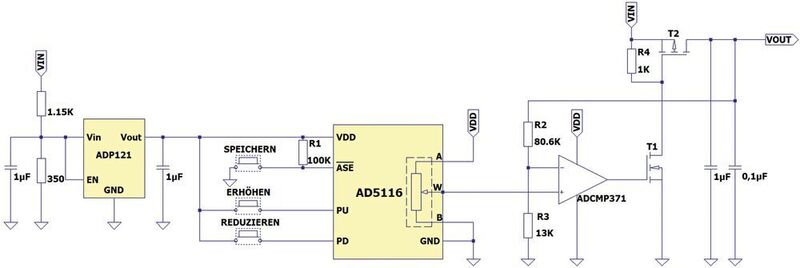 Bild 1: Druckknopfgesteuerter Hochspannungs-Schaltregler mit variabler Ausgangsleistung. (Analog Devices)