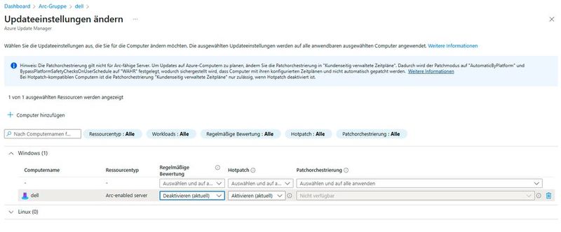 Anpassen der Einstellungen für Updates auf einem Azure-Arc-angebundenen Server. (Bild: Joos - Microsoft)