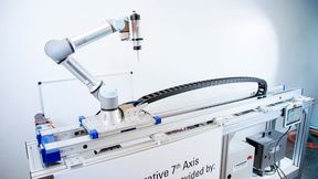 Dieser Cobot wurde mit der Movotrak-CTU von Thomson kombiniert. Sie erweitert den Aktionsradius dieser Roboter deutlich, sagt Rodriguez, woher man das System jetzt beziehen kann. Lesen Sie hier, was man sich damit für Vorteile in die Produktion holen kann ... (Bild: Rodriguez)