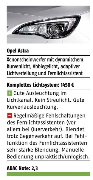 Den 5.Platz erreichte der Opel Astra Platz mit häufigen Fehlschaltungen des Fernlichtassistenten und seiner unpraktischen manuellen Bedienung (Bild: ADAC)