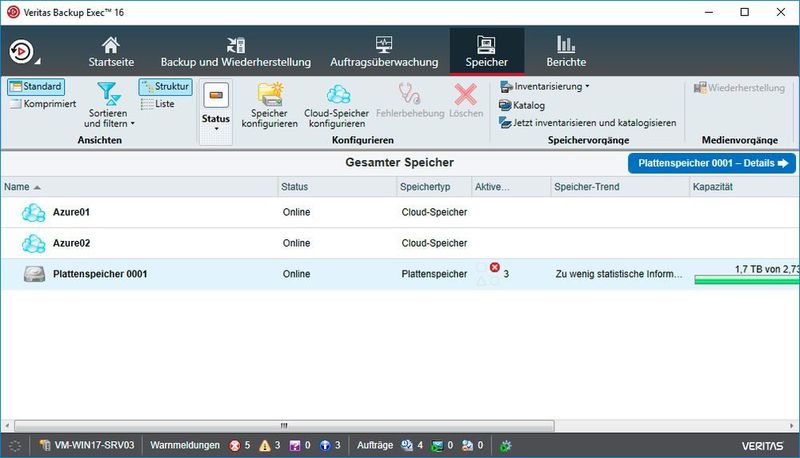 Unser Backup Exec-Server mit einem lokalen Plattenspeicher und zwei Cloud-Speichern auf Azure-Basis. (IAIT)