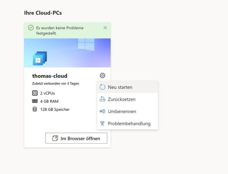Über die Steuerung des Cloud-PCs erfolgen Neustart und Problembehandlung. (Joos)