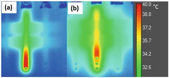 Bild 1: Die Wärmeverteilung im thermodynamischen Gleichgewicht auf verschiedene Kupferlagen in einer 4-lagigen Leiterplatte. Die senkrechten Leiterbahnen werden von einem konstanten Strom auf Lage 1 (Top) und Lage 4 (Bottom) durchflossen und sind durch ein oder mehrere Vias verbunden. Auf den Innenlagen 2 und 3 befinden sich horizontal querverlaufende Kupferleiterbahnen, die aber elek­trisch nicht mit Lage 1 und 4 verbunden sind. Über das Epoxidharz zwischen den verschiedenen Kupferlagen wird die Wärme von Lage 1 und 4 auf die Innenlagen 2 und 3 übertragen. Im linken Bild (a) sind die Außenlagen 1 und 4 durch eine Durchkontaktierung verbunden. Im rechten Bild (b) sind die Außenlagen 1 und 4 durch 3 Durchkontaktierungen miteinander verbunden [2].(Bild:  Hochschule Mannheim, Institut für Analogtechnik und Sensorik [1])
