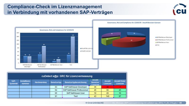 Dieser Compliance-Report zeigt, dass der Kunde eine Lizenz (-1, rot markiert) zu wenig besitzt – das Ergebnis eines Cross-Checks mit anderen SAP-Lizenzverträgen. (Bild: Circle Unlimited AG)