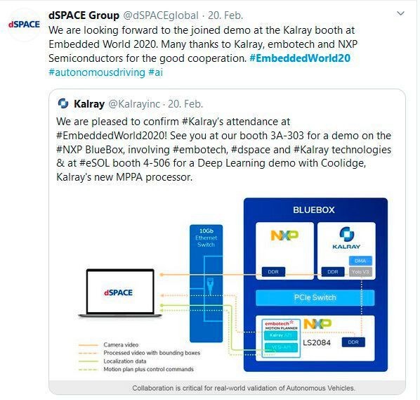 Retweet von dSpace zum Fabless-Hallbleiterunternehmen Kalray, das am 20. Februar seine Messeteilnahme bestätigt hat. (Bild: Twitter)