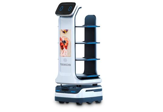 Mit einer Akkulaufzeit von zehn Stunden kann „Robi4-HD“ lässig eine Schicht im Servicebereich überstehen, bevor er wieder aufgeladen werden muss.(Bild:  Topregal)