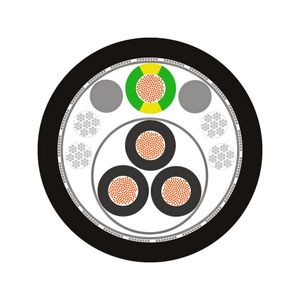 Die Ölflex Servo FD ZeroCM im Querschnitt. Drei Phasenleiter sind symmetrisch angeordnet und in einer Innenlage verseilt. Ergänzend wird mindestens ein Schutzleiter in einer Außenlage mit entgegengesetzter Verseilschlagrichtung um die drei Phasenleiter in einem bestimmten Schlaglängenverhältnis verseilt. (Bild:  Lapp)