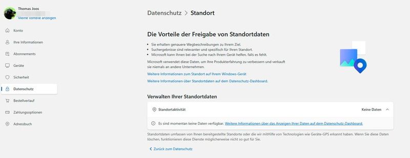 Die Verwaltung der Standortdaten zeigt gespeicherte Positionsinformationen und erlaubt deren Kontrolle oder vollständige Entfernung. (Bild: Joos)