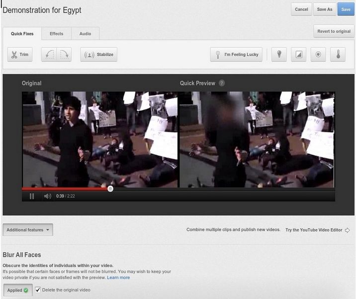 Da sich Gesichter auch in Videos erkennen lassen, sind neue Funktionen wie „Blur All Faces“ bei YouTube wichtig, um eine Gesichtserkennung im Internet so weit wie möglich zu verhindern. ( youtube-global.blogspot.de)