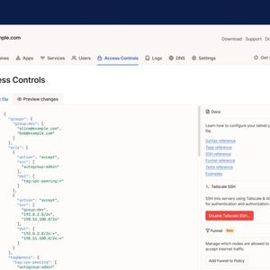 Zugriffssteuerung einrichten: Die Seite „Zugriffssteuerung“ ermöglicht es Administratoren, ACLs direkt zu bearbeiten und Änderungen mit integrierter Anleitung zu überprüfen.(Bild:  Tailscale)