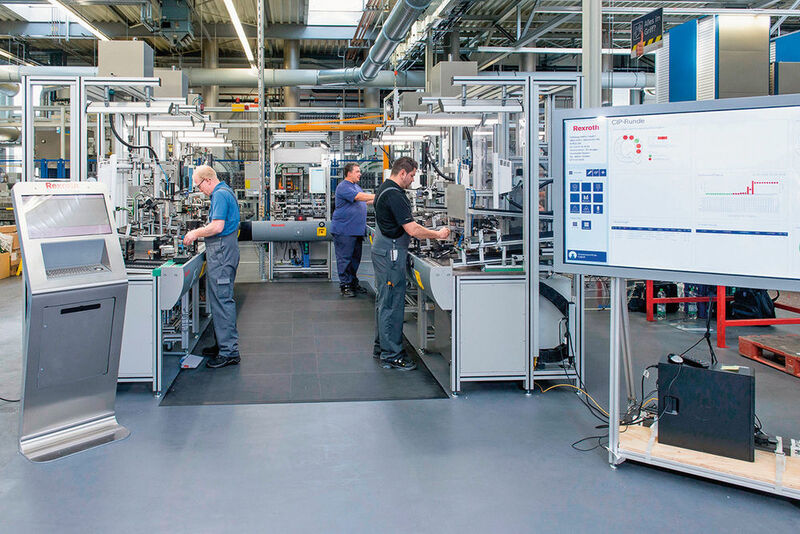 Hier ist die Smart Factory schon Realität: An einer vernetzten Montagelinie stellt Bosch Rexroth wirtschaftlich eine Vielzahl individueller Produkte bis zur Losgröße 1 her. (Bild: Bosch Rexroth)