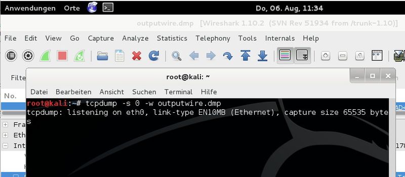 Um Daten von Tcpdump mit Wireshark zu analysieren, müssen Administratoren mit der Option „-s 0“ die ganzen Pakete mitschneiden und mit „-w“ die Rohdaten speichern. Die Rohdaten werden anschließend in Wireshark eingelesen: „Tcpdump -s 0 -w outputwire.dmp“. (Bild: Thomas Joos)