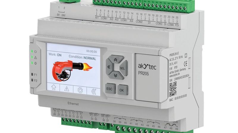 Die kompakte Steuereinheit PR205 von Akytec ist eine speicherprogrammierbare Steuerung zur DIN-Schienenmontage, mit integriertem 2,4-Zoll-Farbgrafikdisplay und eine Ethernet-Schnittstelle.(Bild:  Akytec)