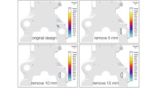 Im nächsten Schritt passten die Anwender die Geometrie des Gussteils an. Zunächst entfernten sie einen Teil des Kerns. Entfernen sie ein mind. 10 mm breites Kreissegment, entsteht keine Porosität im kritischen Bereich. (Bild: Magma)