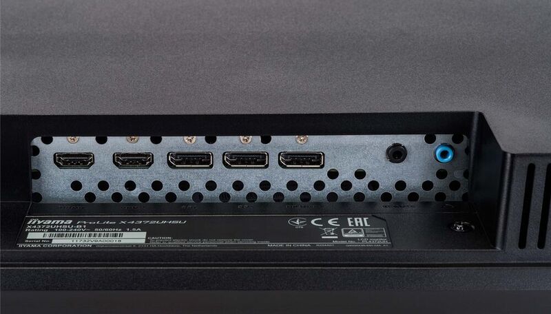 Der ProLite X4372UHSU-B1 bietet zwei HDMI- und zwei DisplayPort-Eingänger. Die dritte DisplayPort-Buchse ist ein Ausgang für ein weiteres Display. (Iiyama)