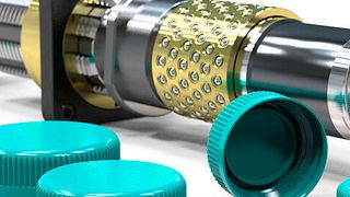 Röchling Medical uses Servomold servo motor controlled unscrewing units in 8- and 16-cavity injection moulds for pharmaceutical closure caps. (Source: Servomold)