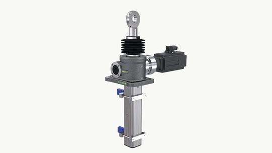 Spindelhubgetriebe C-Serie der Bauart VF in Kugelgewindeausführung mit Rollenstößelendschalter, Hochleistungsgelenkkopf, Spindelschutz und adaptiertem Servomotor von Stöber(Bild:  Neff Gewindetriebe)