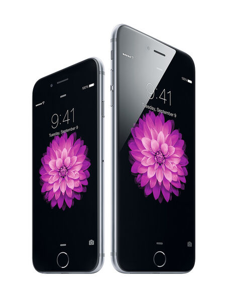 iPhone 6: Erstmals entschied sich Apple 2014 für zwei neue Modelle mit deutlich größeren Bildschirmen mit Diagonalen von 4,7 und 5,5 Zoll. Der Schritt löste einen Absatzsprung aus, Apple kam monatelang der Nachfrage nicht hinterher. Die Geräte wurden abermals dünner. (Apple)