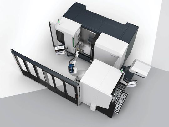 Der Robo2Go 3. Generation, hier an einer DMG MORI CTX beta 450 TC, ermöglicht eine automatisierte Dreh-Fräsbearbeitung von kleinen und mittleren Losgrößen.(Bild:  DMG Mori)