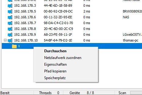 Gefundene Freigaben lassen sich öffnen und auch der zur Verfügung stehende Speicherplatz kann angezeigt werden. (Bild: SoftPerfect / Joos)