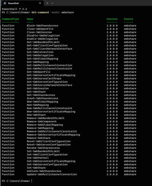 Anzeigen der Cmdlets des Moduls SmbShare. (Bild: Joos – Microsoft)