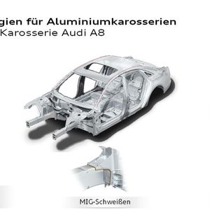 Für den Aluminium-Stahl-Karosseriemischbau setzt Audi innovative Fügeverfahren ein. Dies sind unter anderen das Halbhohl- und das Vollstanznieten sowie das Flow-Drill-Schrauben.