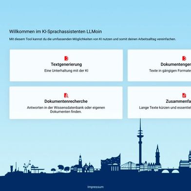 Startseite der KI-Assistenz LLMoin in der Freien und Hansestadt Hamburg. (Bild: Freie und Hansestadt Hamburg / Dataport)