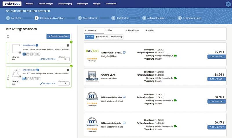 Einer Anfrage folgen in Sekunden viele Angebote. Der Käufer kann nach Lieferzeit, Entfernung und Preis sortieren und den Hersteller frei wählen. (Bild: Orderspot)