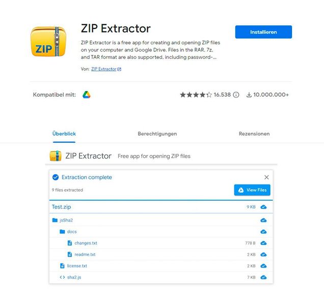 ZIP Extractor aus dem Google Workspace Marketplace installieren. (Bild: Joos – ZIP Extractor)