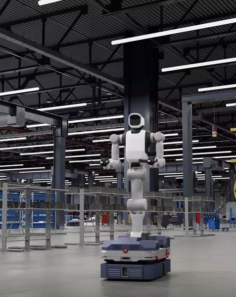 Agile Robots, Audi, Dassault Systèmes und NVIDIA haben auf der NVIDIA GTC Berlin einen Proof-of-Concept vorgestellt, bei dem die Sequenzierung von Bauteilen im Audi Werk Ingolstadt mithilfe mobiler humanoider Roboter automatisiert werden soll. Im Bild: eine simulierte Darstellung. (Bild: Audi AG)