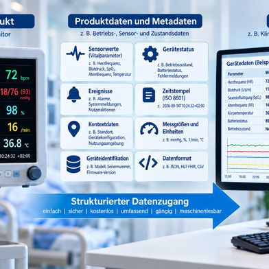 Vernetzte Medizinprodukte erzeugen Betriebs-, Sensor- und Zustandsdaten samt zugehöriger Metadaten. Bei neuen Produkten wird der strukturierte Datenzugang durch den EU Data Act zur Anforderung an die Produktarchitektur. (KI-generiert / Redaktion Devicemed)