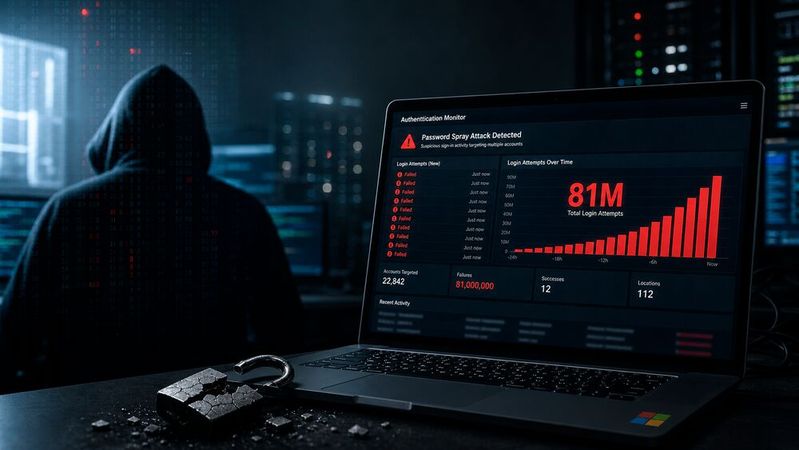 Wie Huntress betrichtet, haben Angreifer eine Passwort‑Spray‑Kampagne gestartet, die unsicher konfigurierte Auth‑Flows und fehlende oder fehlkonfigurierte Conditional‑Access‑Policies ausnutzt und so teilweise MFA umgeht.(Bild:  KI-generiert)