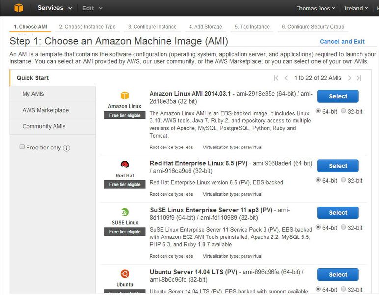 Abb. 3: Über Assistenten können Administratoren das Betriebssystem des neuen virtuellen Servers auswählen. (Amazon Web Services)