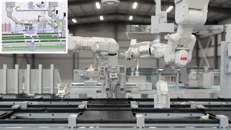 Simulation in RobotStudio (oben links) im Vergleich zum neuen RobotStudio HyperReality von ABB Robotics.(Bild:  ABB Robotics)