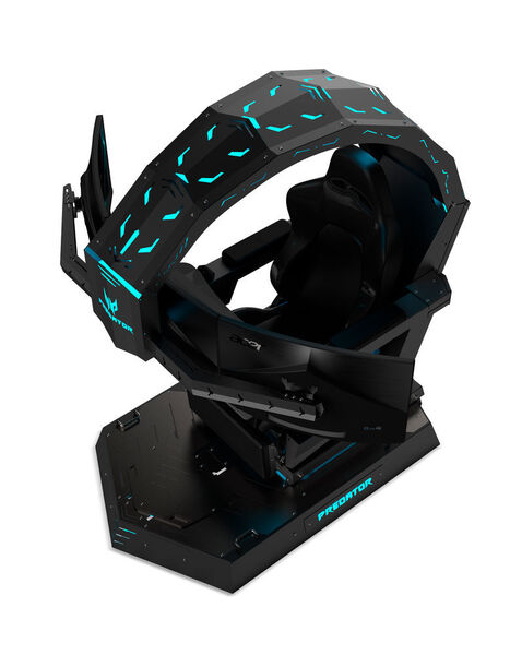 Der Acer Predator Thronos sieht aus wie eine Requisite aus einem Science-Fiction-Streifen, ist aber ein Gaming-Sessel. Elektromotoren neigen den Spieler auf Wunsch nach hinten wie in einem Behandlungssessel und fahren eine Fußstütze nach oben. Die Monitorhalterung ist für drei 27-Zoll-Displays ausgelegt.   (Acer)