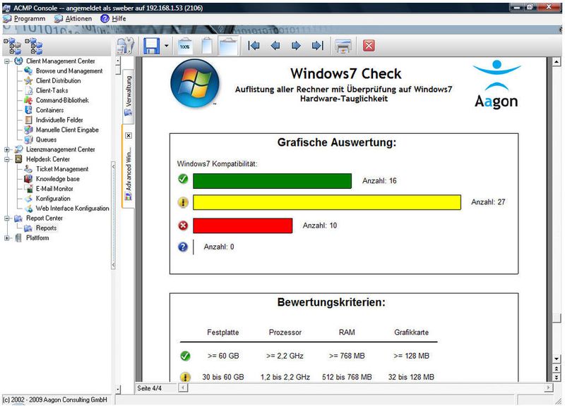 Abbildung 6: Mit der kostenlosen Inventarisierungs-Software ACMP Inventory von Aagon können Unternehmen per Knopfdruck alle Rechner in ihrem Netzwerk auf deren Windows-7-Tauglichkeit hin überprüfen (Aagon Consulting) (Archiv: Vogel Business Media)