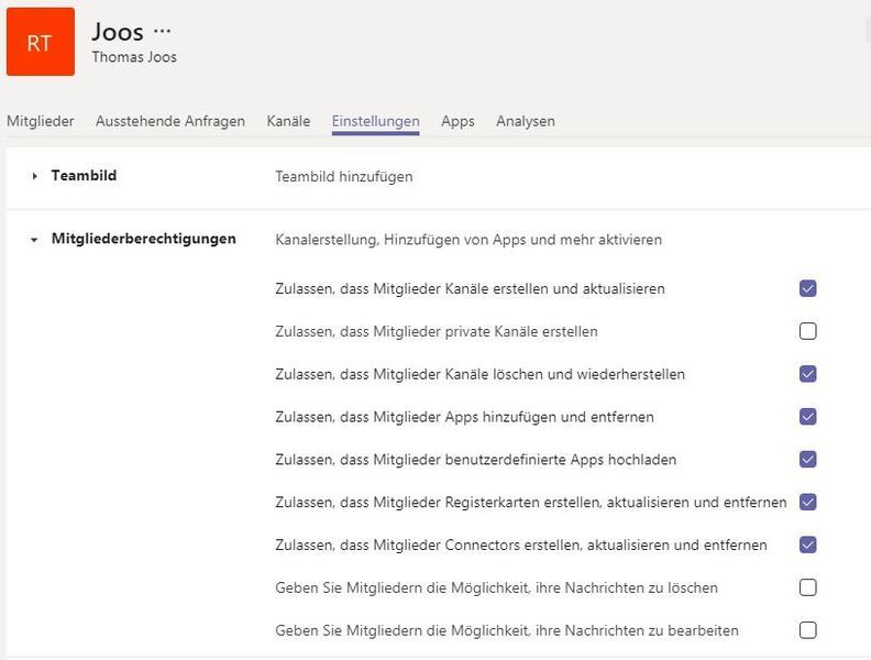In den Einstellungen von Teams kann konfiguriert werden, ob Mitglieder überhaupt private Kanäle erstellen dürfen. Daneben sind eine ganze Reihe weiterer Berechtigungsoptionen möglich. (Thomas Joos / Microsoft)