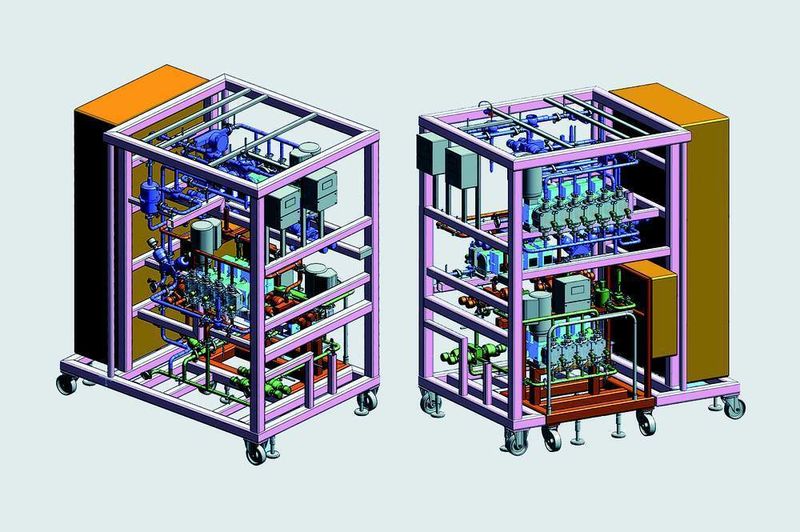 Ein kompletter maßgeschneiderter Skid (package unit) zur Herstellung von Puffer- lösungen für die Prozess-Chromatographie in der Pharmaindustrie. Diese von Lewa zusammen mit Pharmakunden weiterentwickelten Konzepte gewährleisten sehr  wirtschaftliche Verfahrensabläufe. Bild: Lewa (Archiv: Vogel Business Media)