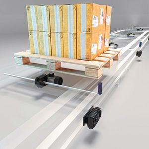 Kettenförderer für Paletten-Transport: Für schwere Lasten eignen sich ABM Flachgetriebemotoren kombiniert mit dem ABM Umrichter.(Bild:  ABM Greiffenberger Antriebstechnik GmbH)