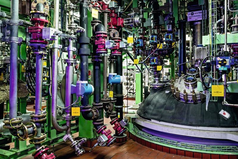 16 Kubikmetern Fassungsvermögen hat dieser Stahlemail-Reaktor – der größte im Betrieb. Er steht auf Druckmessdosen, um rezeptgesteuerte Dosier- und Entleervorgänge realisieren zu können. (Saltigo)