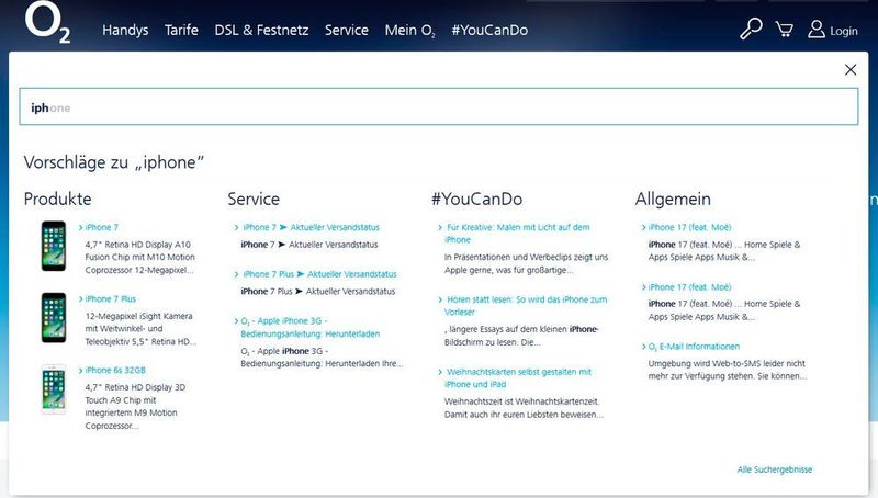O2 zeigt wie es sein sollte: Type Ahead liefert nicht nur die Begriffsvervollständigung, sondern auch sinnvoll segmentierte Produkt- und Content-Vorschläge. (PR-COM / ARITHNEA)
