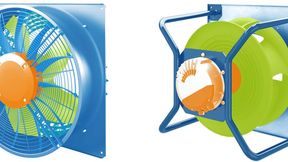 Die zentralen Funktionsbereiche des Ventilators in Axial- (links) und Radialventilatoren (rechts): das Laufrad als aerodynamisches Herzstück (grün), der Motor mit integrierter Elektronik als Antriebseinheit (orange) sowie der Stator, das heißt die luftführenden und tragenden Strukturen (blau).  (Bild: EBM-Papst)