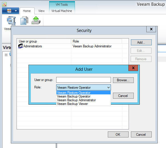 Abbildung 13: Veeam Backup Free Edition unterstützt auch ein Rollenmodell. Dazu können Administratoren über Users and Roles im Startbereich von Veeam Backup Benutzer anlegen und aus einer der vorinstallierten Rollen auswählen. Das Tool unterstützt zudem Active Directory. (Bild: Joos)